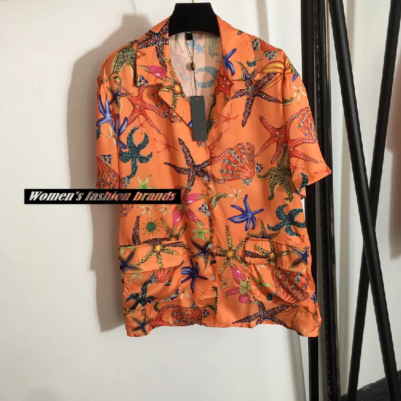 

luxury design fashion new starfish shell printed blouse high-end quality Lapel short sleeve shirt women's casual top women top