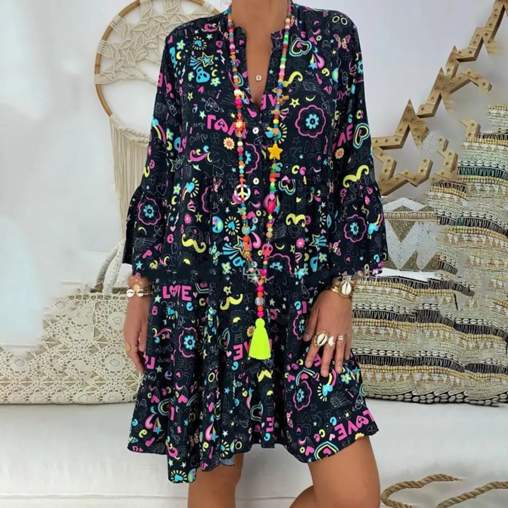 

Summer Dress Extra Soft Breathable Long Sleeve V-neck Big Hem Loose-fitting Casual Dress for Women A Lady's Stylish Women