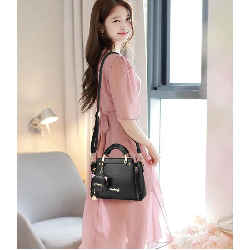 

Summer Women Bag Side 2023 New Pu Leather Cute Cat Totes Design Ladies Shoulder Purse & Handbag Sweet White Shoulder