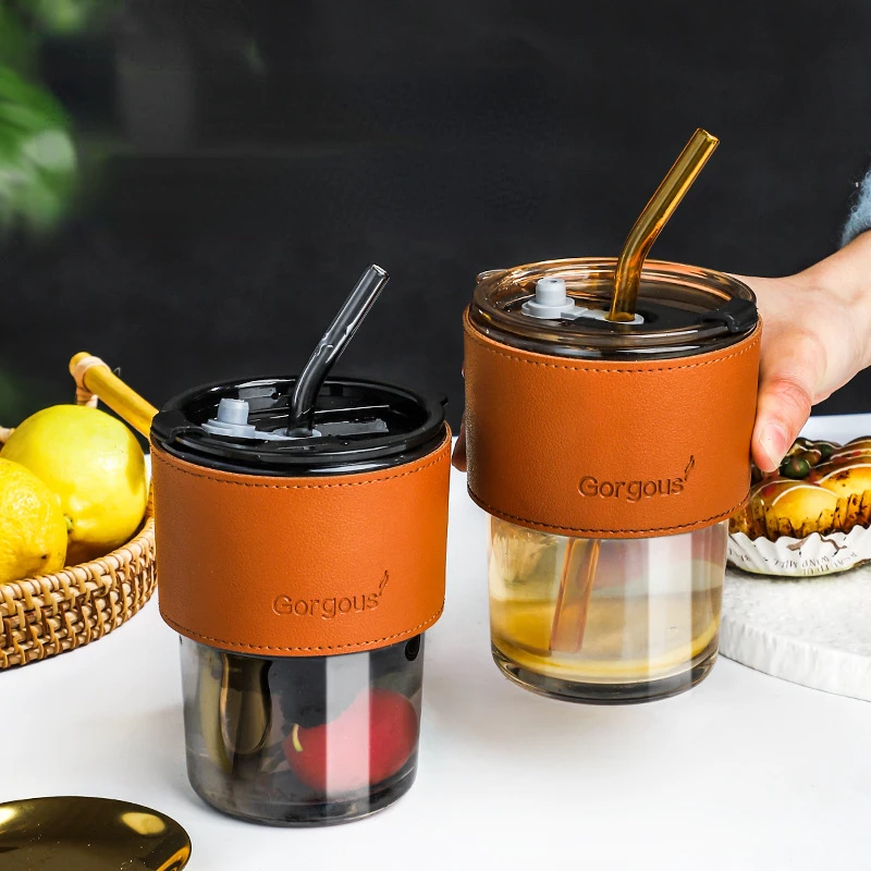 

450ml Glass Straw Cup Transparent Latte Coffee Mug with Lid Straw Japanese Juice Beer Tea Cup Drinkware Seal Leak Proof Glass