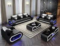 MANBAS Leather Sofa Set with LED Light Living Room Furniture Couch Sofas Modernos Para Sala Grandes Sofás with USB Charging,Tabl