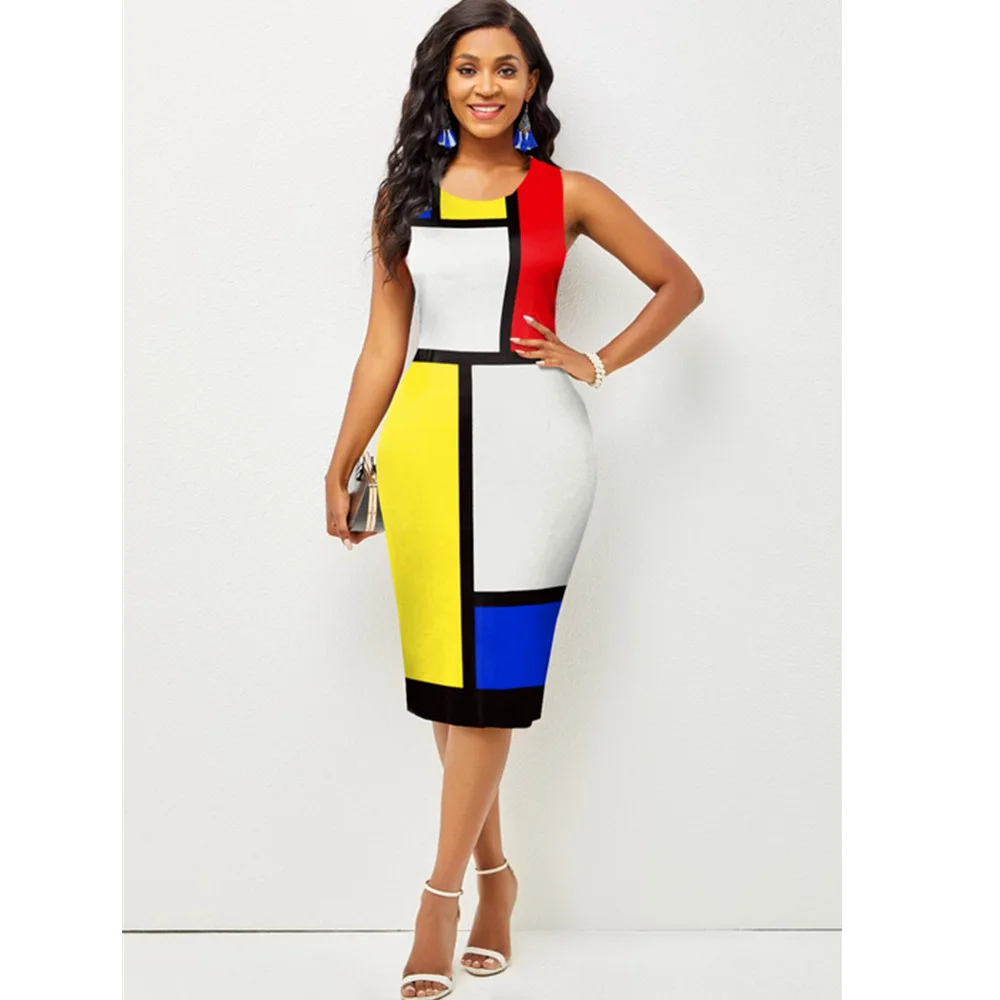 

Fashion Geometric Print Sleeveless O Neck Dress Women High Waist Slim Streetwear Bodycon Summer Evening Party Dresses Vestidos