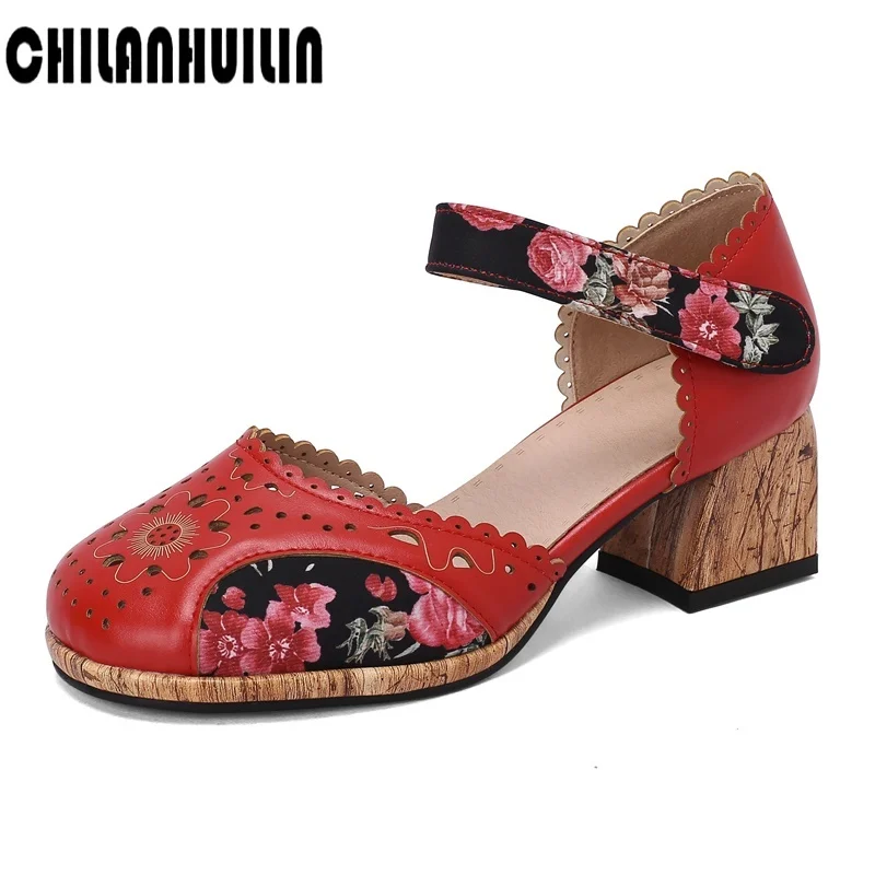 

Сандалии женские с вырезами и круглым носком, босоножки на толстом высоком каблуке, пляжные праздничные туфли в ретро стиле, красные, на лет...