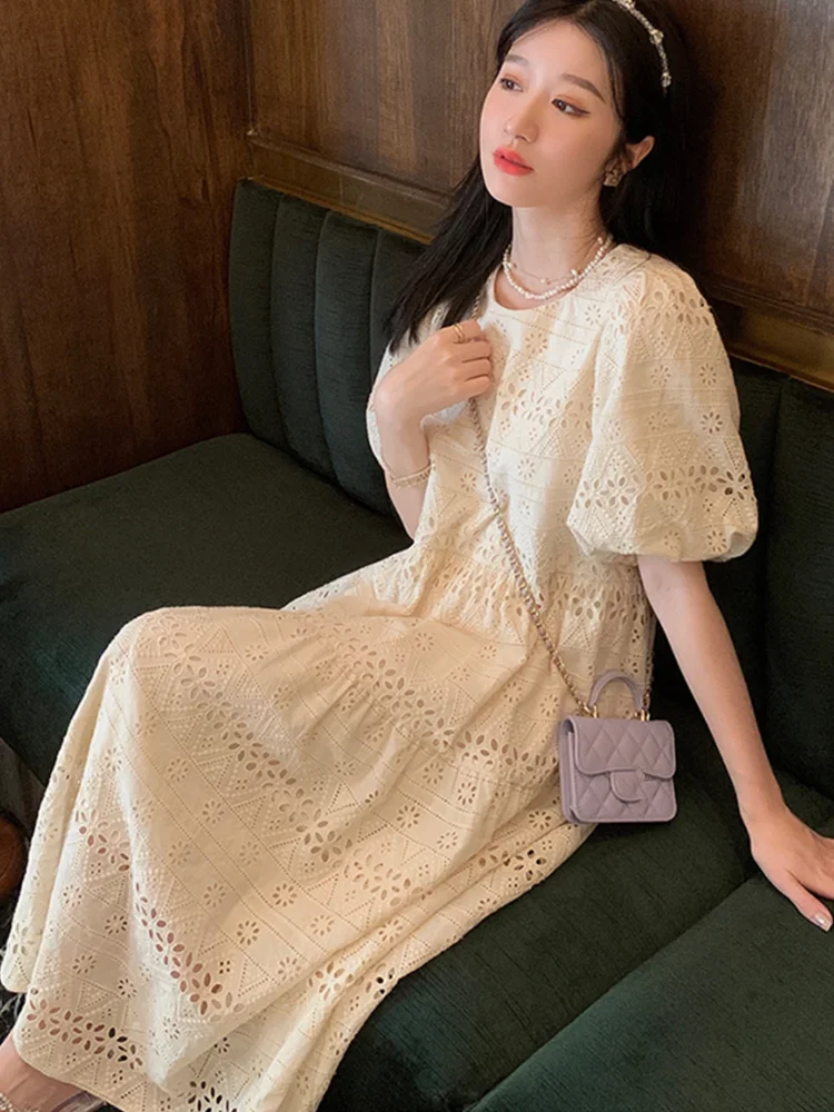 

SMTHMA New Fashion Embroidery Summer Dress 2023 For Women's Hollow Out Puff Short Sleeve Vintage Elegant Party Long Dresses