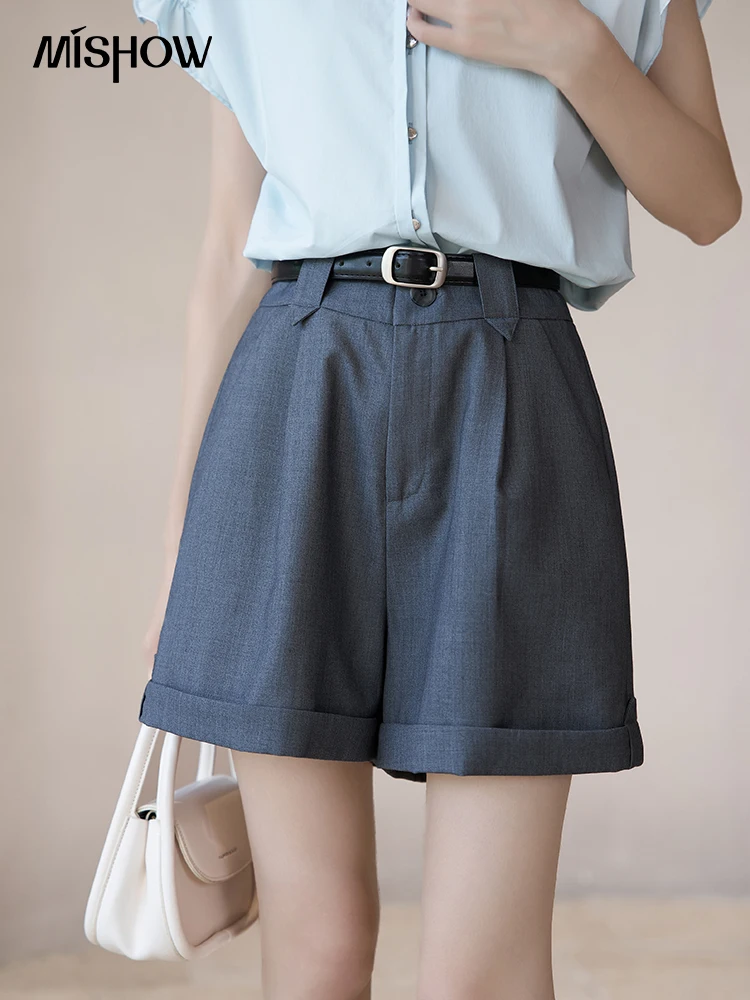 MISHOW Women's with Belt Casual Suit Shorts 2023 Summer Solid Loose Fit Hem Curling Wide Leg Short Pants Office Lady MXC39K0090