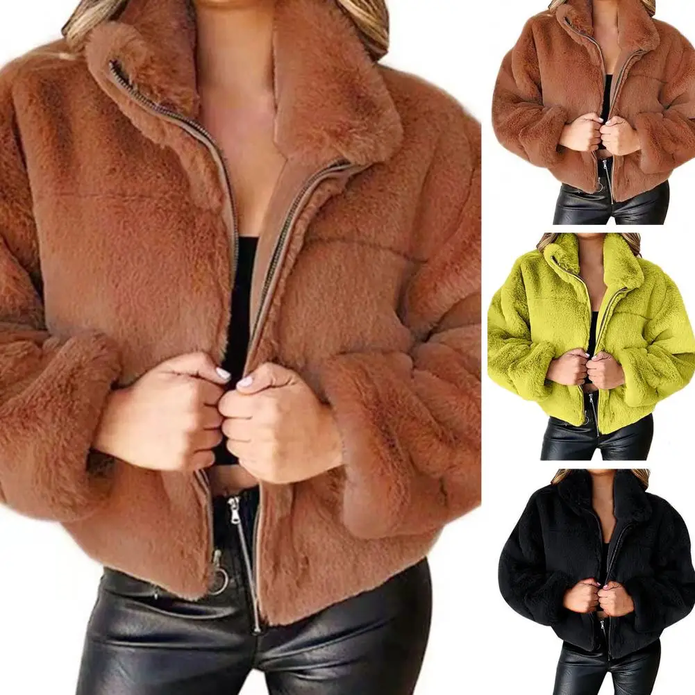 

2022 Women Coat Solid Color Long Sleeves Lapel Zip Up Short Pattern Thicken Faux Fur Fluffy Turn-down Collar Autumn Jacket Coat
