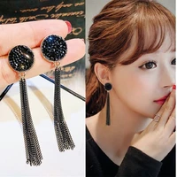 delysia king women trendy black long tassel earrings temperament versatile round chain ear stud