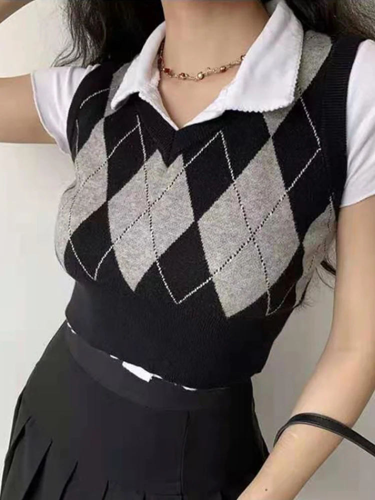 JMPRS Fashion Argyle Women Vest Sweater Pullover Harajuku Black Preppy Style Female Crop Tops Streetwear Designed Autumn Jumper