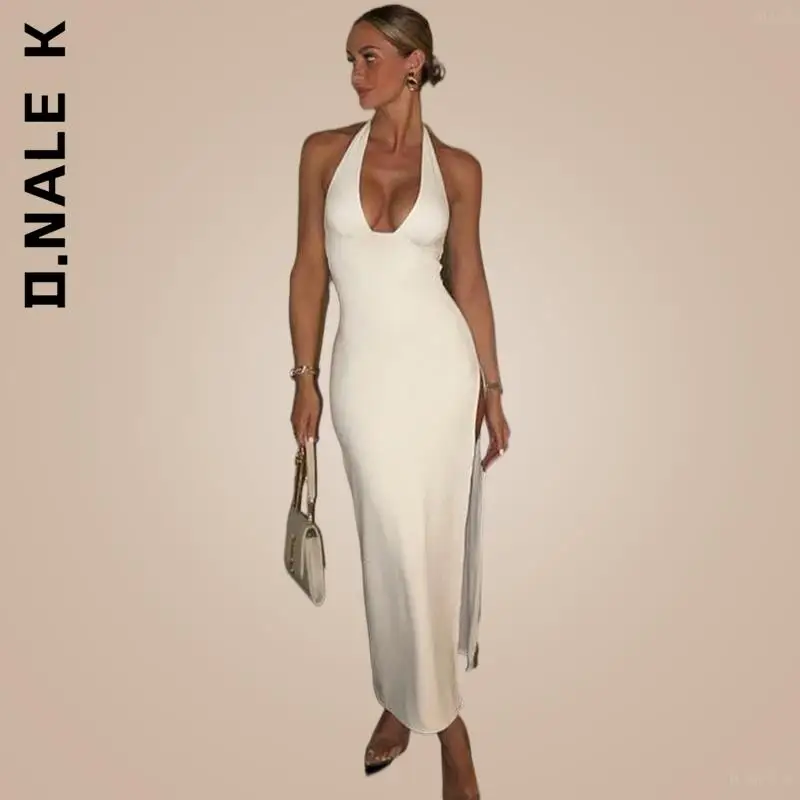 D.Nale K Sleeveless Halter Long Dresses Backless Bodycon Slit Prom Maxi Dress Women Elegant Party Nightclub Evening Vacation