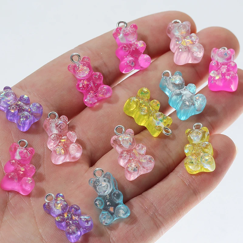 

HEYUYAO 10pcs/lot 12*21mm Colorful Shiny Bear Charms Resin Pendant DIY Necklace Bracelet for Jewelry Making Accessories