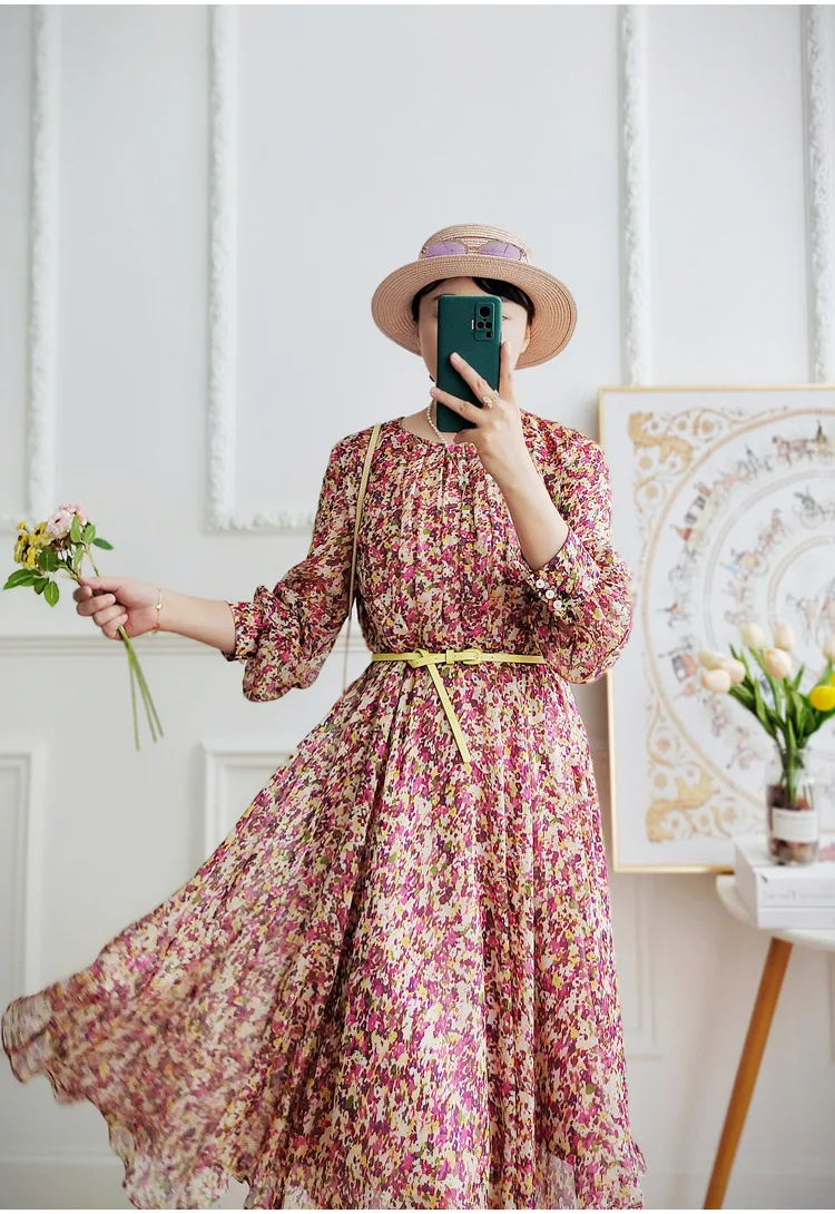 

Women's Silk Mid-Long Dress Pleated Floral Printing Waist Lace Up O Neck Long Sleeve Spring Summer 2023 New