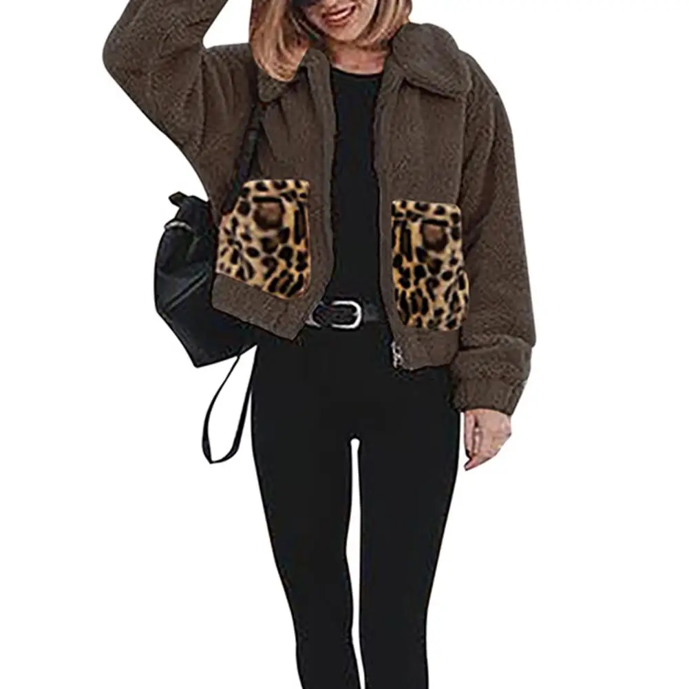 

Vintage Women Leopard Printing Coat Comfortable Soft Simplicity Long Sleeve Splicing Pocket Zipper Cardigan Jacket Casual Outfit
