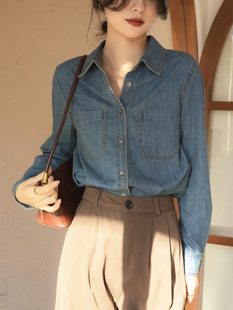 

Женская Джинсовая блузка с карманами, Повседневная модная рубашка из денима в Корейском стиле, минималистичные Дамские топы, осень-весна 2023