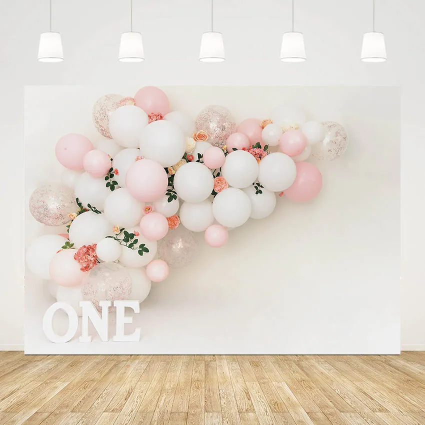 

Фотофон Белая стена розовый воздушный шар цветок принцесса 1-й день рождения торт разбивать Фотостудия