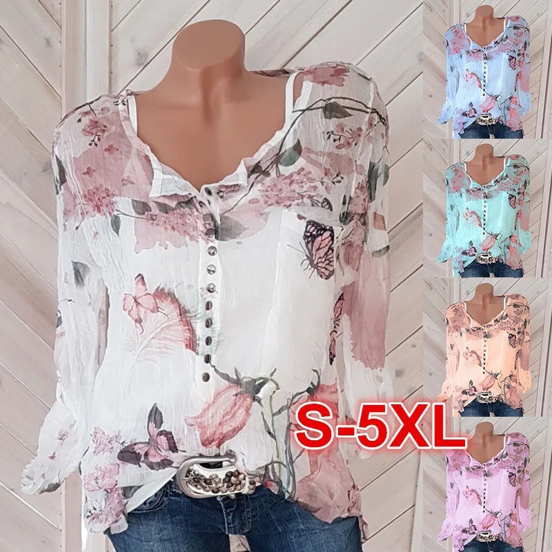 

Popular Long Sleeve Printed Shirt V-neck Button Top Chiffon Shirt