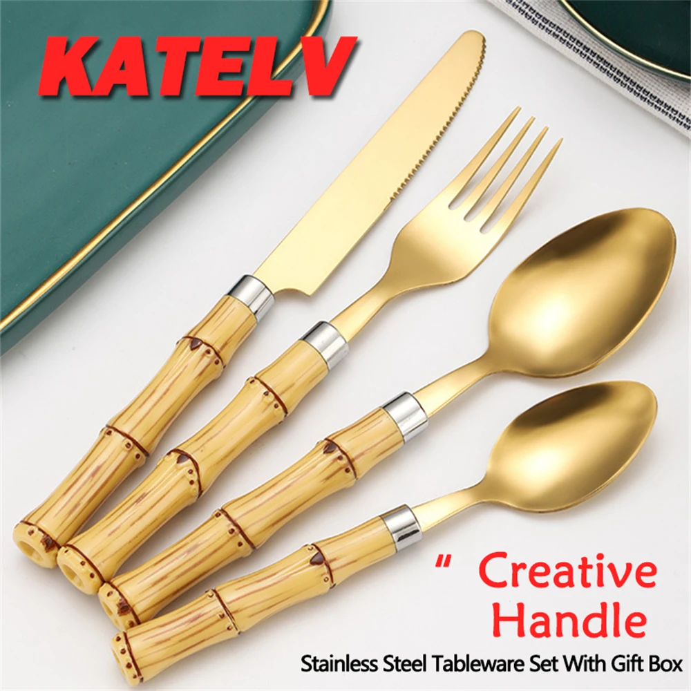 Bamboo Handle Tableware Set Gift Box Stainless Steel Dinnerware Set Customized Logo Box Knife Fork Spoon Cutlery Set Gift Box
