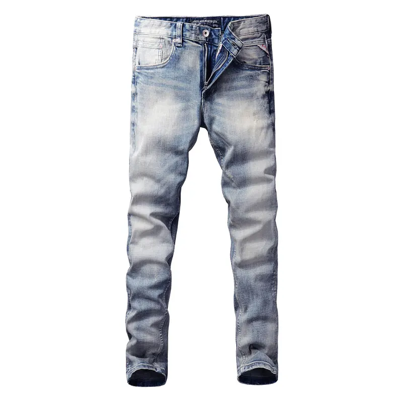 Italian Style Fashion Men Jeans Retro Light Blue Slim Fit Ripped Jeans Men High Quality Vintage Designer Casual Pants Hombre