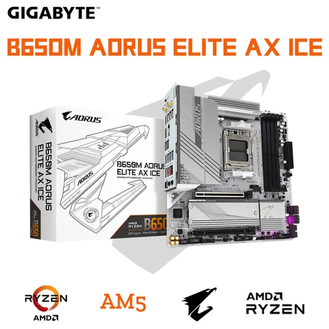 Материнская плата GIGABYTE B650M AORUS ELITE AX ICE Micro-ATX AMD B650 DDR5 8000 (OC) МГц M.2 USB3.2 Wi-Fi 6E Socket AM5
