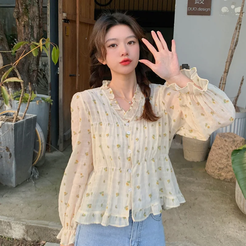 

Loose French floral falbala v-neck shirt long sleeve cardigan coat frock