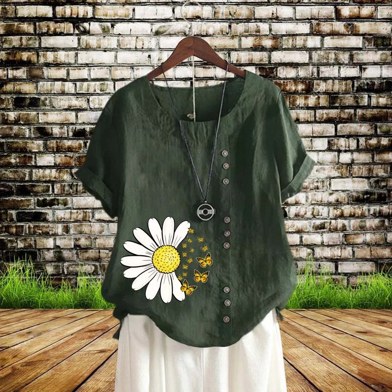 

Women's Floral Print Summer Fashion Linen T Shirt Casual Loose Plus Size Round Neck Short Sleeve Shirt Top