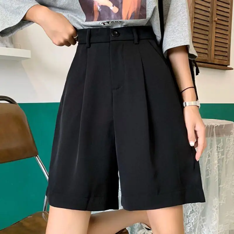 Black Straight Suit Five Piece Pants Summer Solid Color Loose Simplicity Wide Leg Shorts Casual Fashion Women Clothing