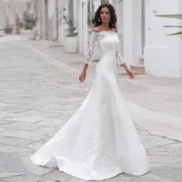 Queen Lace 3/4 Sleeves Wedding Dress For Women Brides Princess  2022 Sexy Boat Neck Mermaid Appliques Bridal Gown Custom Made