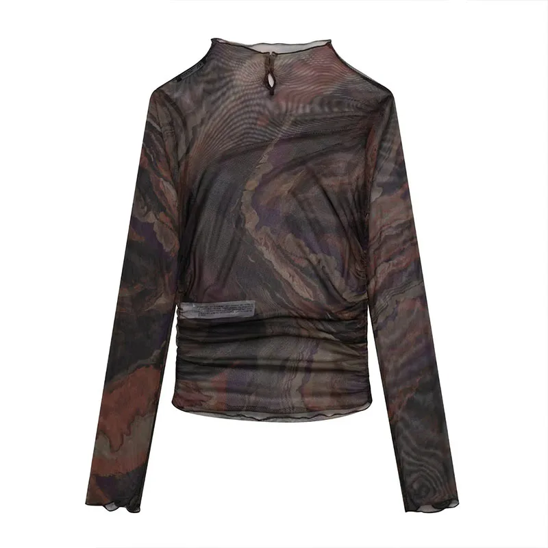 

Новинка Осень-зима 2022 модные повседневные женские шелковые сетчатые Короткие топы с круглым вырезом и длинными рукавами с принтом 7436
