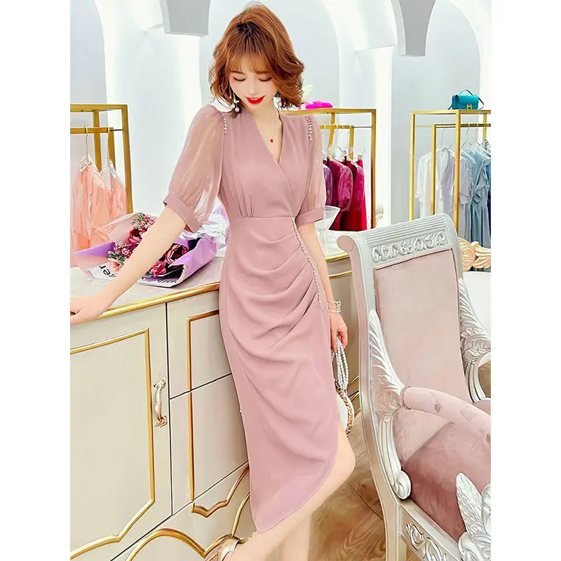 2024 летнее женское платье с V-образным вырезом женские платья коротким рукавом