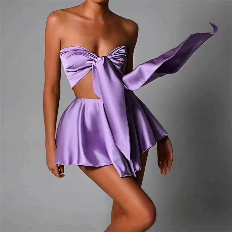 

Dresses For Women 2022 Women Off Shoulder Crop Top Pleated Skirt Set Woman 2 Pieces Chic High Waist Hip Satin Dress Sets