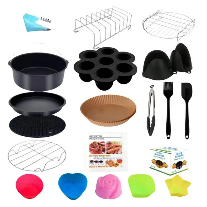 

Air Fryer Accessories Kit 15pcs Supplies Grill Cake Bucket Muffin Cup Scraper Paper Liner Clips 8in Kitchen Baking Tools For