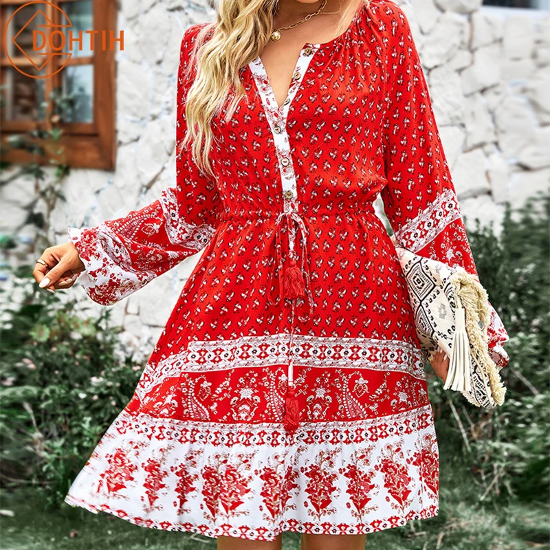 

Women's Spring Autumn Bohemian Casual A-line Dresses Single Breasted Holiday Printed Hem Dress Women Y2k Clothing Harajuku Dress