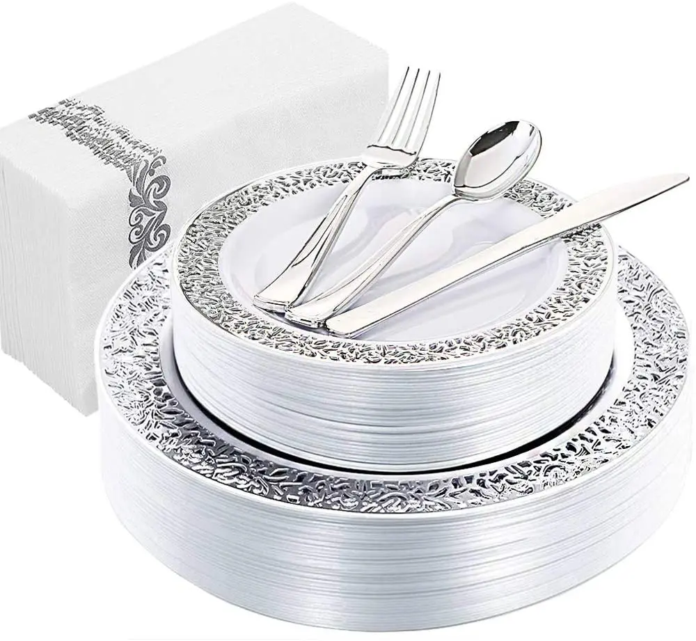 

150PCS Plastic Plates Lace Design Silver Plates Include 25 Dinner Plates,25 Salad Plates,25 Forks,25 Knives,25 Spoons,25 Napkins