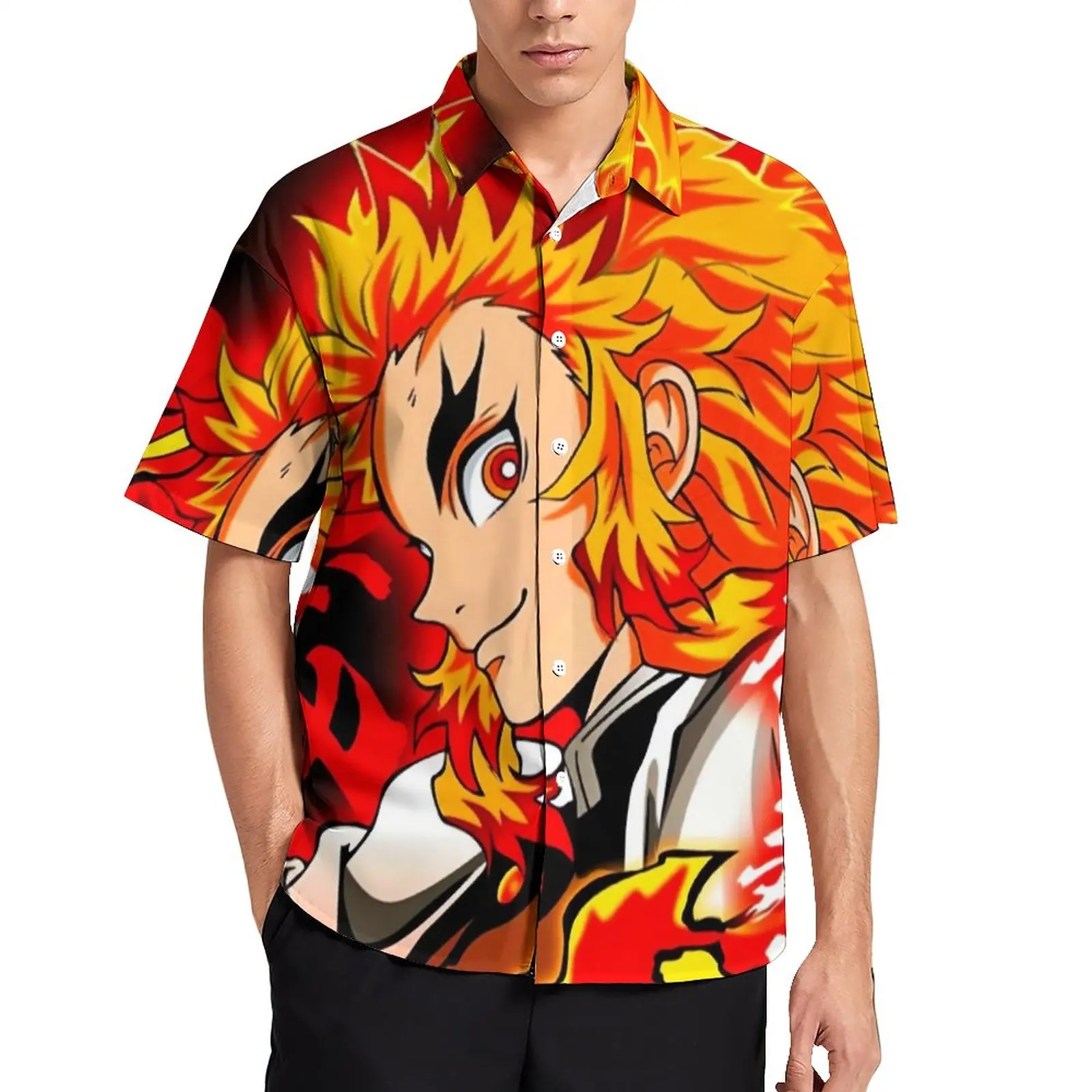 

Мужская пляжная рубашка с рисунком демона, Летняя Повседневная рубашка с коротким рукавом, большие размеры, Rengoku Kyojuro