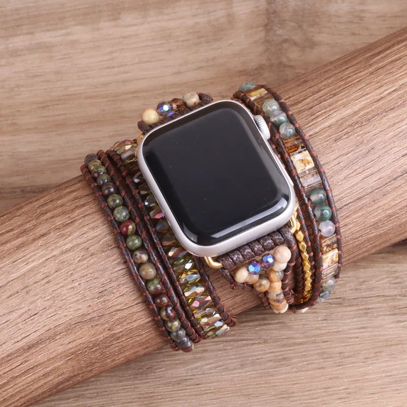 2022 New Vintage Handmade Woven Rope Watch Band for Apple Watchbands Bohemia Natural Stone Wristband Bracelets for Iwatch Series