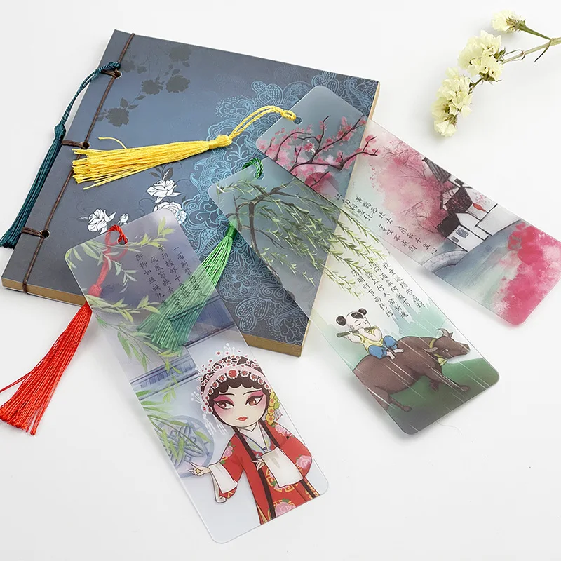 

10PCS Transparent Bookmarks with Tassels Chinese Archaistic Painting Style Plastic Bookmarks Student Teacher Stationery