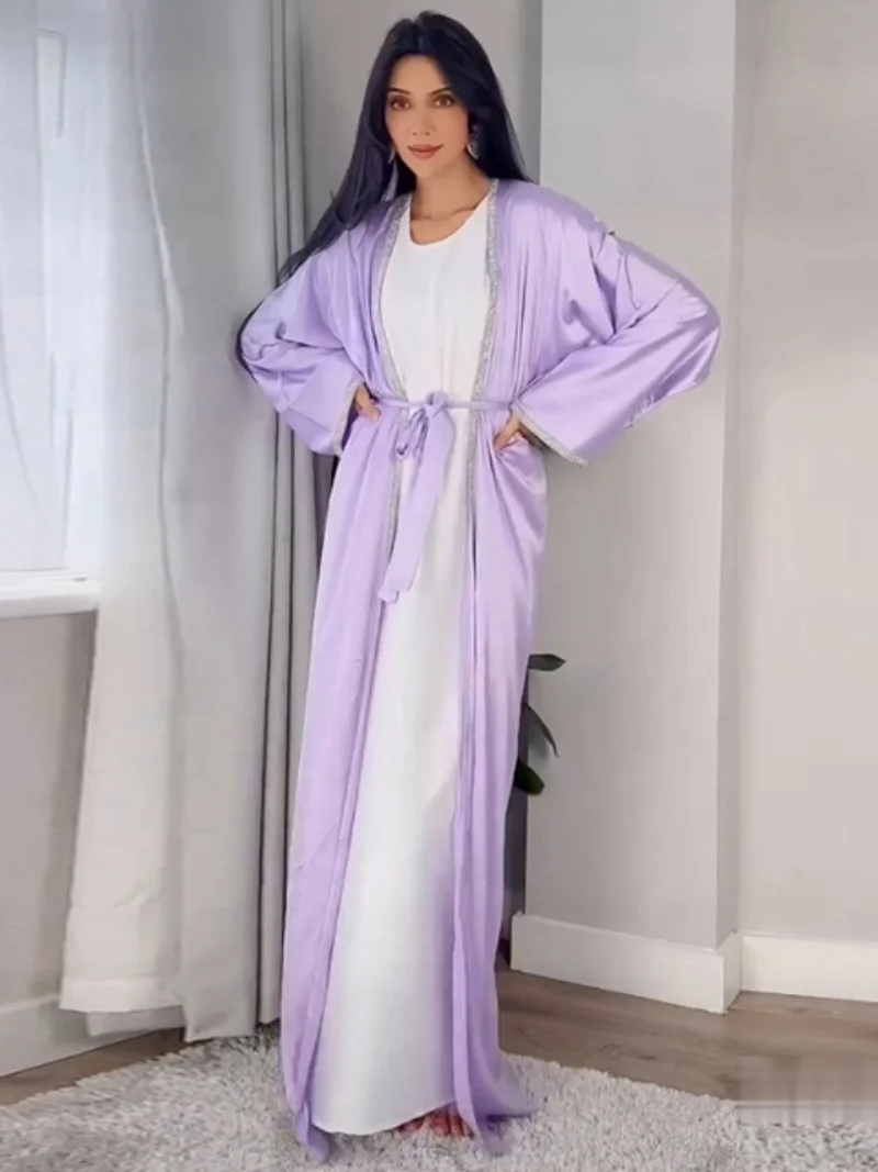 Kimono Abaya Dubai Solid Soft Satin Hot Fix Rhinestone Tape Trim Belted Cardigan Robe Woman Corban Eid Al Adha 2023 New
