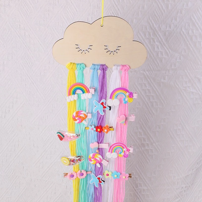 

Clouds Rainbow Wall Hanging Decor Storage Belt For Girls Hair Clips Barrette Hairband Hanging Organizer Strip Holder Ornament
