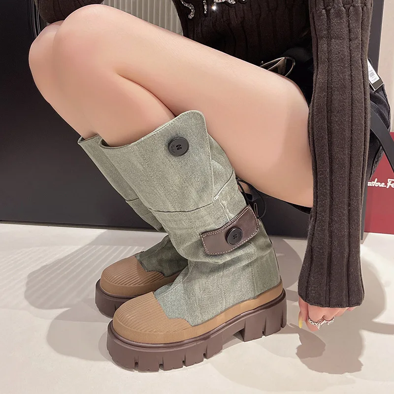 Knee-high Women Thigh Boots Women's Vintage Denim Platform Work Autumn Winter 2024 Head High Knight Female Two Ways Wear Shoes