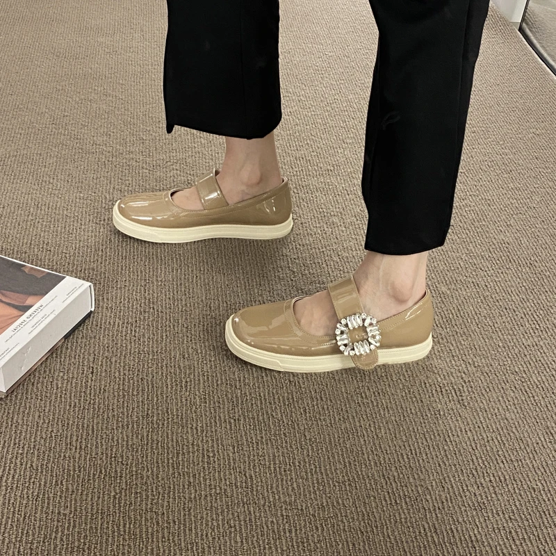 

Casual Woman Shoe Female Footwear Loafers With Fur Black Flats Square Toe Buckle Crystal Oxfords Clogs Platform All-Match Shallo