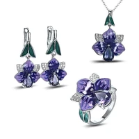 new fashion copper silver purple flower pendant necklace amethyst enamel ring necklace earring jewelry set gift