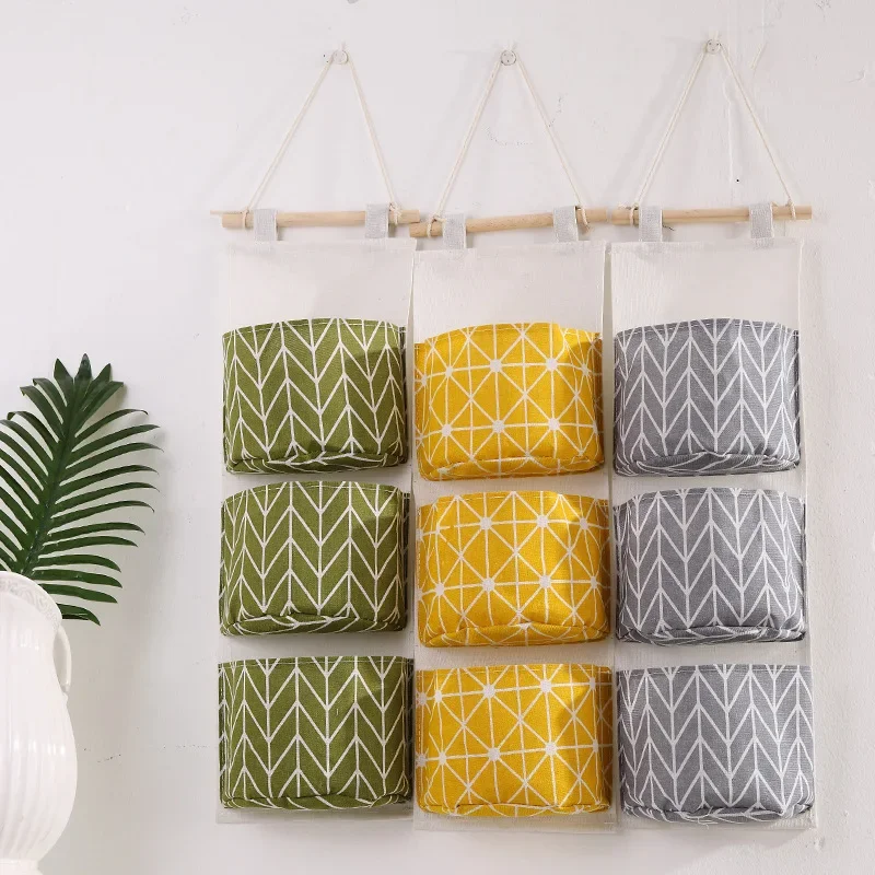 

Cotton Linen Waterproof Storage Hanging Bag 3 Grids Wall Mount Dormitory Storage Bag Sundries Storage Organizer