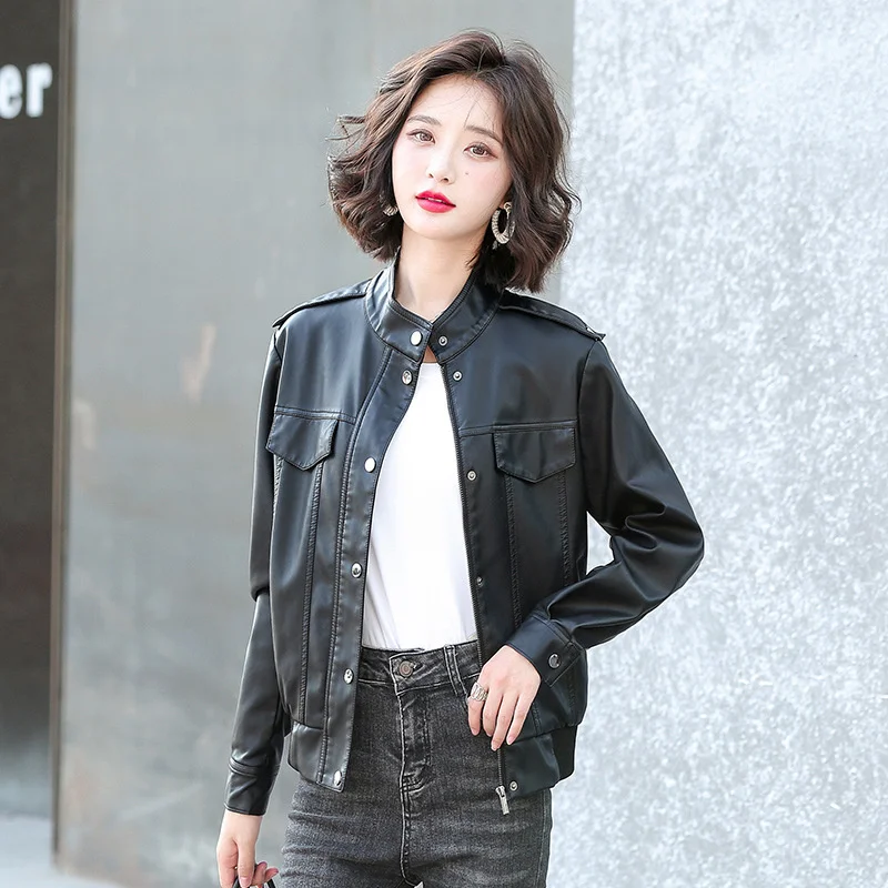 100% genuine real Autumn outfit Haining sheep women's short leather jacket small stand collar loose oversized coat