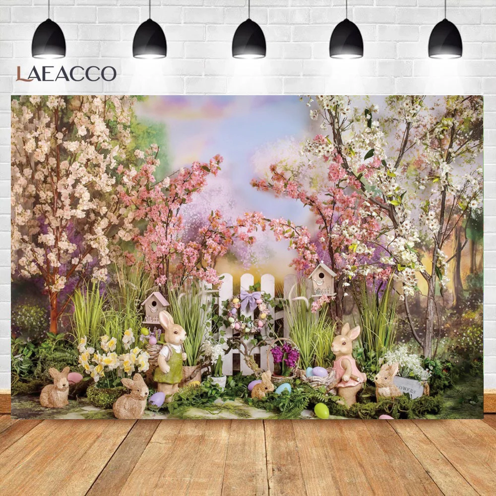 

Laeacco Spring Garden Easter Photography Backdrop Rabbit Bunny Flowers Eggs Forest Natural Photo Baby Portrait Background Studio