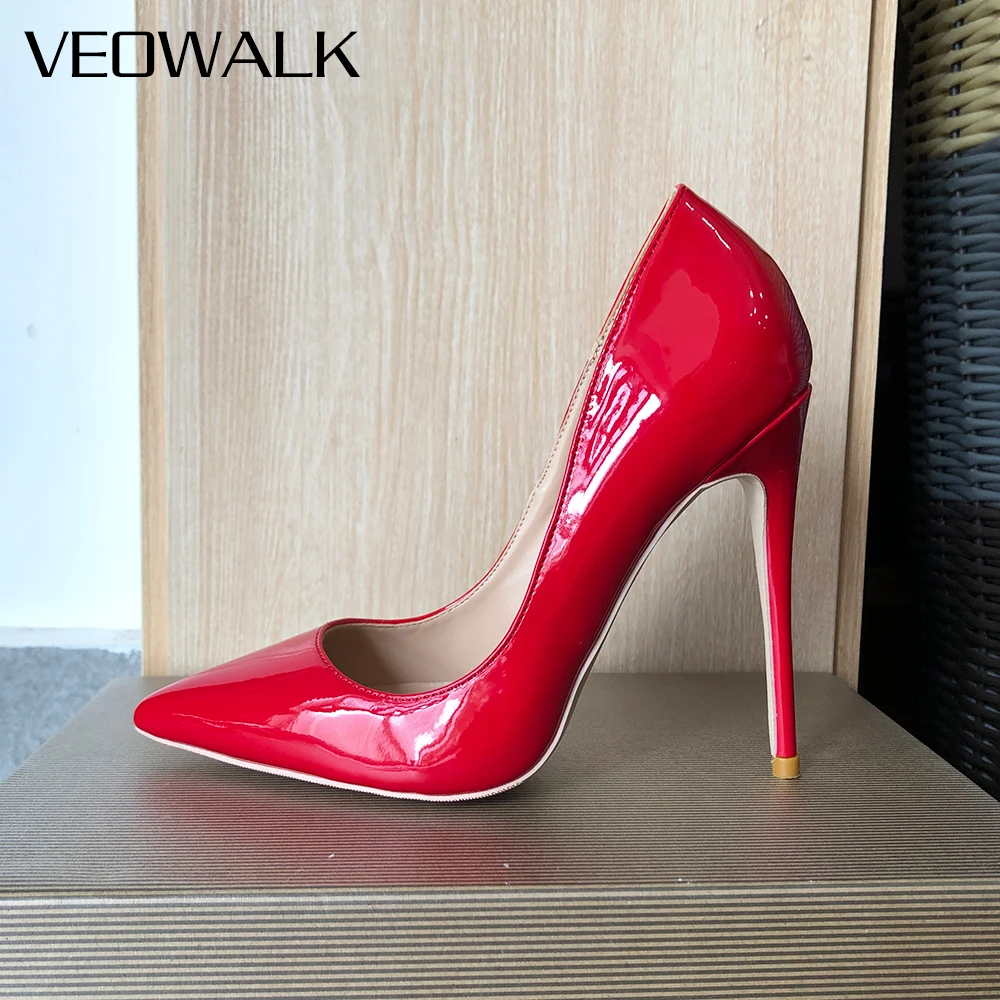 

Veowalk Solid Glossy Red Women Slip On Pointed Toe Stiletto Pumps 12cm 10cm 8cm High Heel Shoes for Wedding Colors Customizable