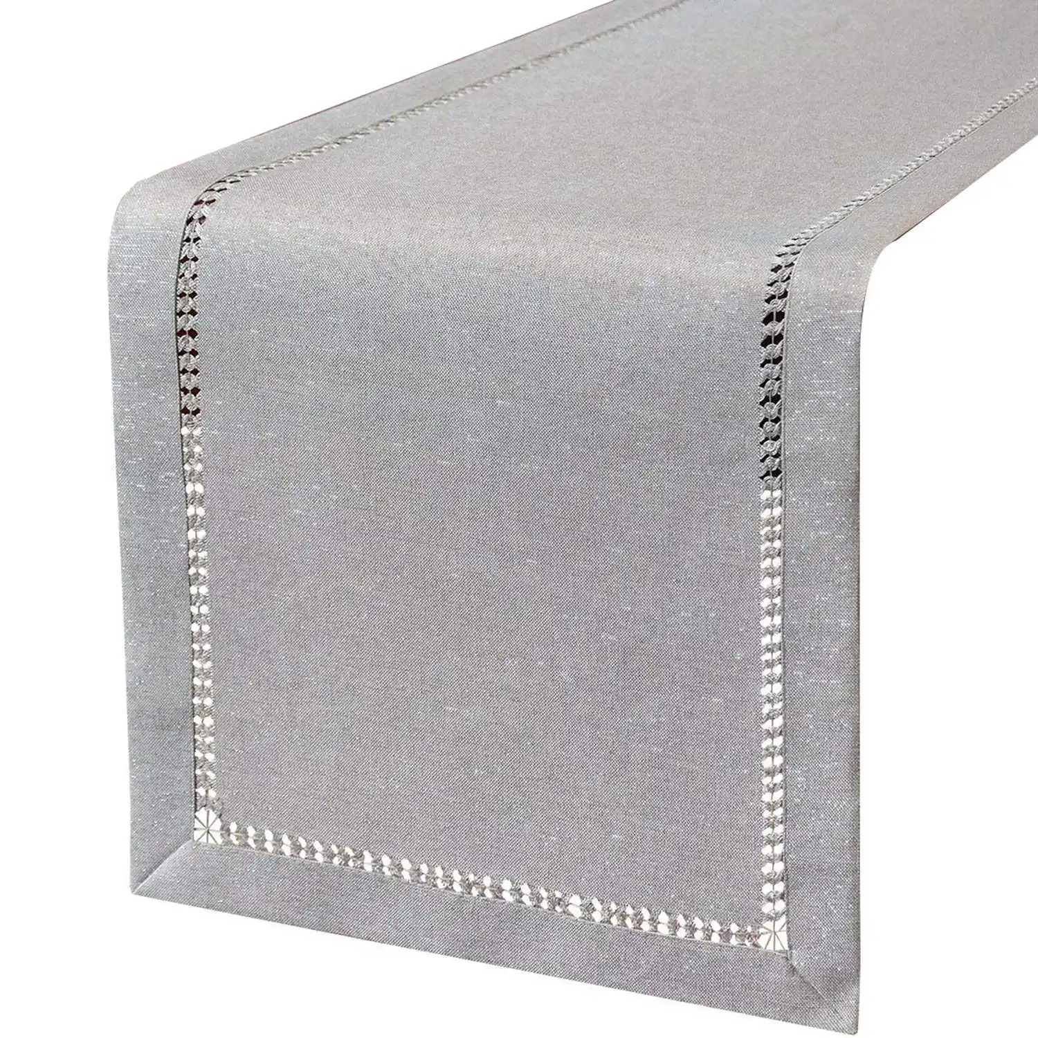 Hand Hemstitched Dining Table Runner Dresser Scarves Silver Thread Interweaving (Light Gray 12 x 72 Table Runners)