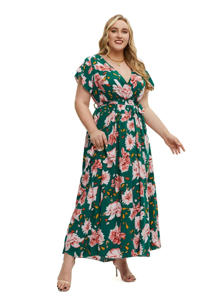 Large size women's summer new short sleeve print split dress plus size women clothing  evening dresses