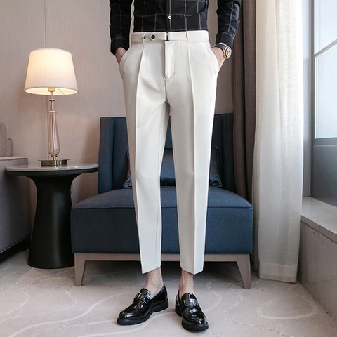 Новинка 2023, мужские костюмные брюки, однотонные повседневные деловые строгие брюки, облегающие строгие брюки, качественные мужские классические свадебные Брюки для жениха