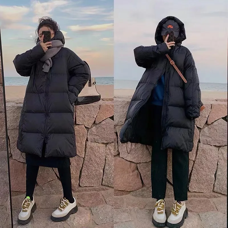 Solid Color Down Jacket Fashion Winter Coat Women New Niche Thick Warm Bread Loose Hat V-neck White Eiderdown Zipper Coat