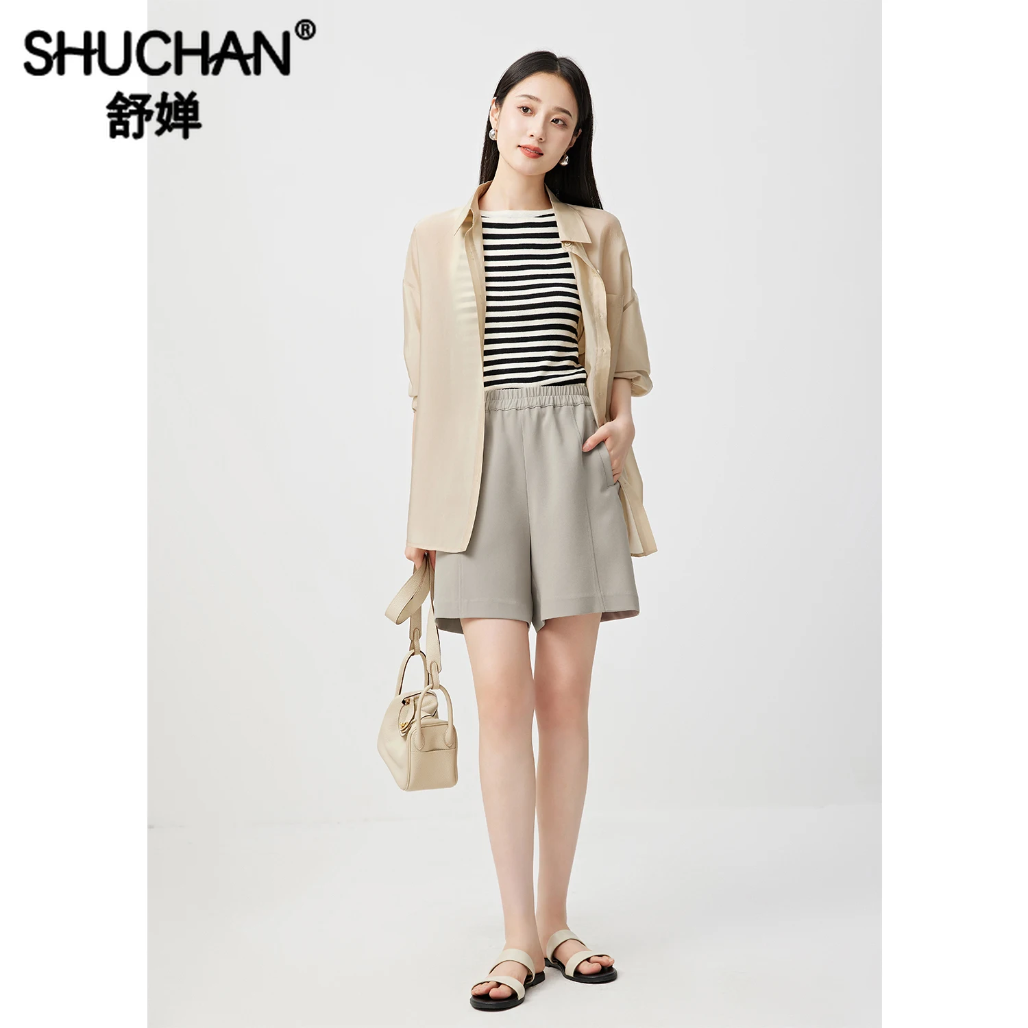 

SHUCHAN Acetate Polyester Pantalones De Mujer Knee Length Casual HIGH Waist Trousers Women Elastic Waist