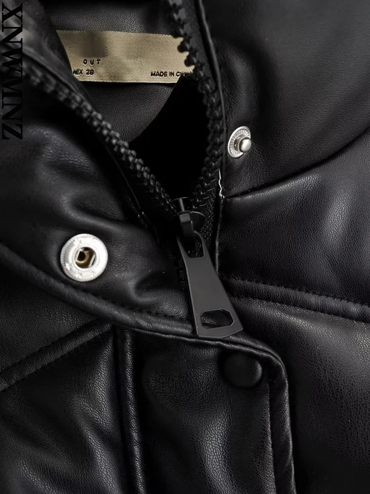 XNWMNZ 2022 Women Fashion Faux Leather Padded Jacket Thick Warm Parka Coat Vintage Long Sleeve Female Outerwear Chic Tops